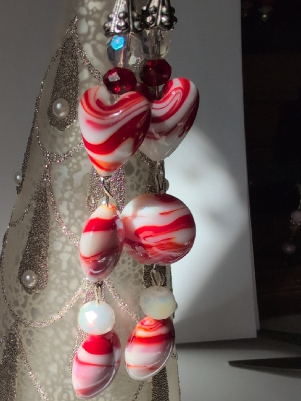 RESERVED Red and White Swirl Bead Dangle Earrings - Women Jewelry - Picture 3 of 5